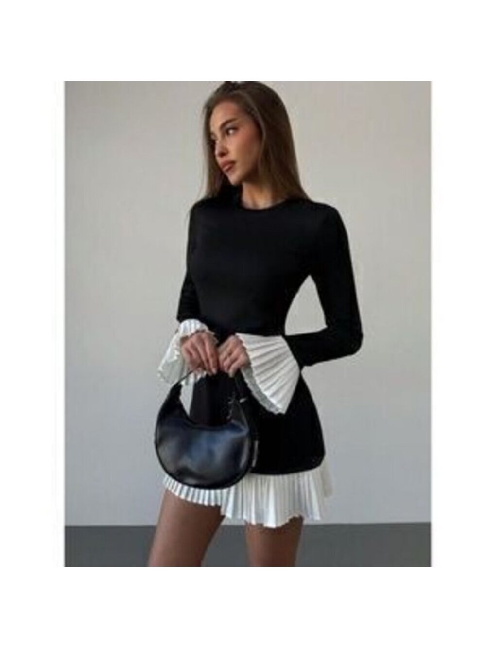 Short Black Dress White Skirt Cuff Pleated Trim Long Sleeve - Picture 2 of 3
